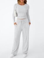 Trendy Queen Women's 2 Piece Matching Lounge Set Long Sleeve Side Ruching Top Wide Leg Drawstring Pants Set with Pockets - Image 2
