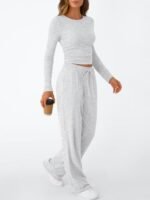 Trendy Queen Women's 2 Piece Matching Lounge Set Long Sleeve Side Ruching Top Wide Leg Drawstring Pants Set with Pockets - Image 3