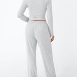 Trendy Queen Women's 2 Piece Matching Lounge Set Long Sleeve Side Ruching Top Wide Leg Drawstring Pants Set with Pockets