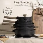 مجموعة أواني الطهي المقاومة للالتصاق من Astercook، مجموعة أواني مطبخ صحية وخالية من المواد السامة مصنوعة من التيتانيوم ومناسبة للمواقد الحثية، خالية من PFAS وPTFE وPFOA وPFOS، باللون الأسود، 19 قطعة - الصورة 2