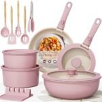 مجموعة أواني الطهي السيراميكية المقاومة للالتصاق من Astercook، 21 قطعة، بمقابض قابلة للفصل، مجموعة طهي لمطابخ المركبات الترفيهية، آمنة للاستخدام في الفرن، ومناسبة للمواقد الحثية، قابلة للتكديس، باللون الوردي
