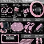 مجموعة إكسسوارات السيارات "Bling" من NBTEPEM المكونة من 27 قطعة - أغطية عجلة قيادة تناسب جميع الموديلات، وإطارات لوحات أرقام، وحامل هاتف، وشاحن سريع للسيارة، ووسادات أكواب (لون وردي)